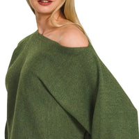 Dark olive boat-neck sweater with off-shoulder neckline and roomy balloon sleeves