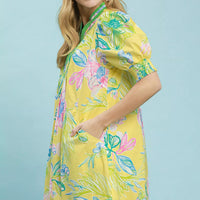 Lemon botanical print shift dress with V-neck and puff sleeves, smocked cuffs