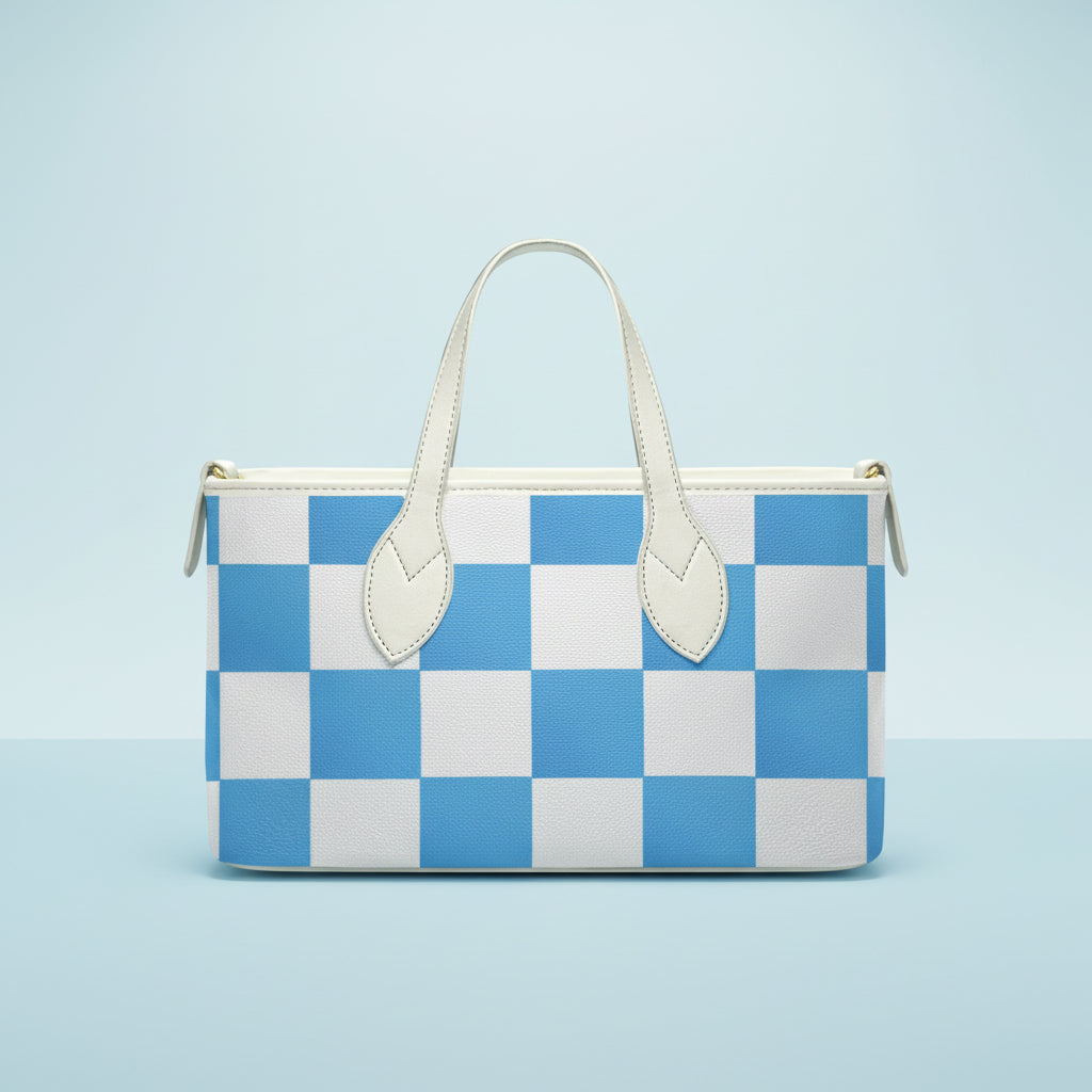 Checkered Tote Bag | Small Blue and White Leather Handheld Bag
