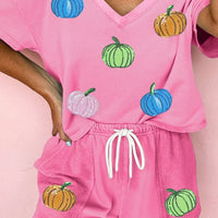 Fuchsia pink V-neck pumpkin print tee with drawstring waist drawstring shorts set