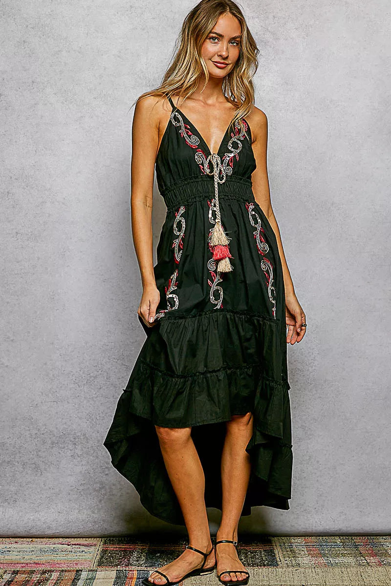Black V-neck cami midi dress with tassel tie embroidery and tiered hem
