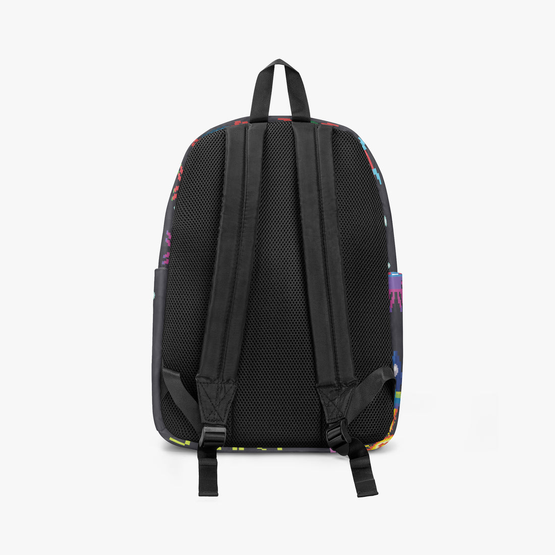 Kids canvas backpack back view with padded mesh straps and adjustable black buckles.