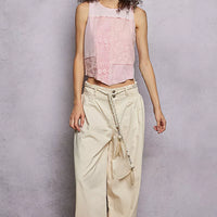 Pink sleeveless cropped tank with lace front and ribbed round neck