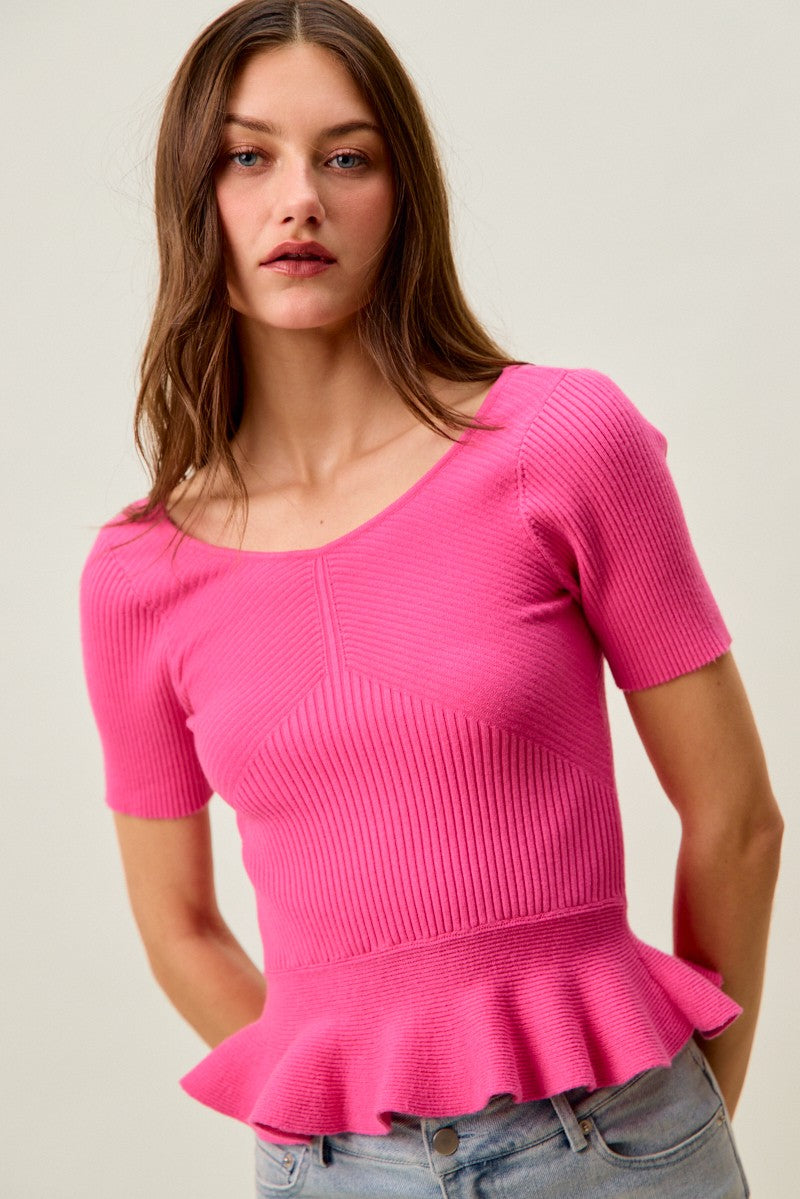 Hot pink ribbed knit short-sleeve peplum sweater top with scoop neckline