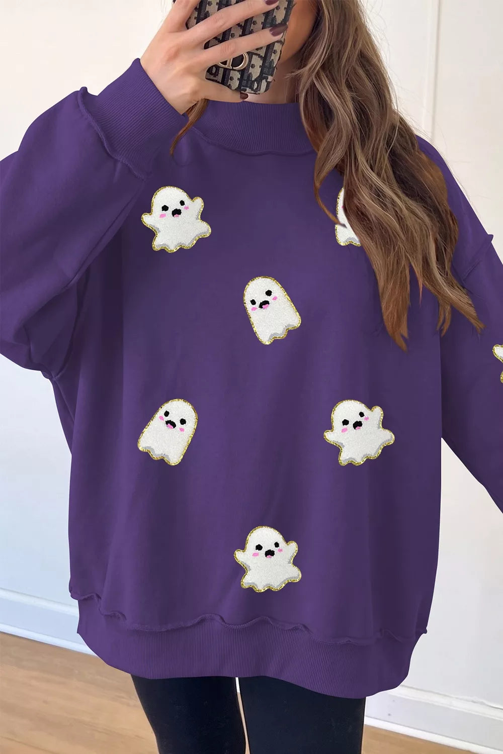 Purple mock neck tunic sweatshirt with scattered ghost prints