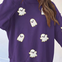 Purple mock neck tunic sweatshirt with scattered ghost prints