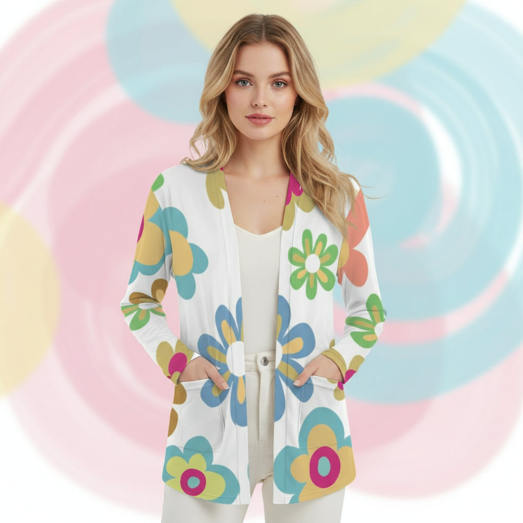 Cardigan Floral Print | White Multicolor Flower Pattern Sweater