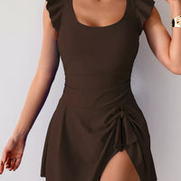 Brown ruffled-sleeve swim dress with gathered skirt and side knot