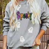 Gray sweatshirt with sequin 'Spooky' text, white ghost patches, long sleeves