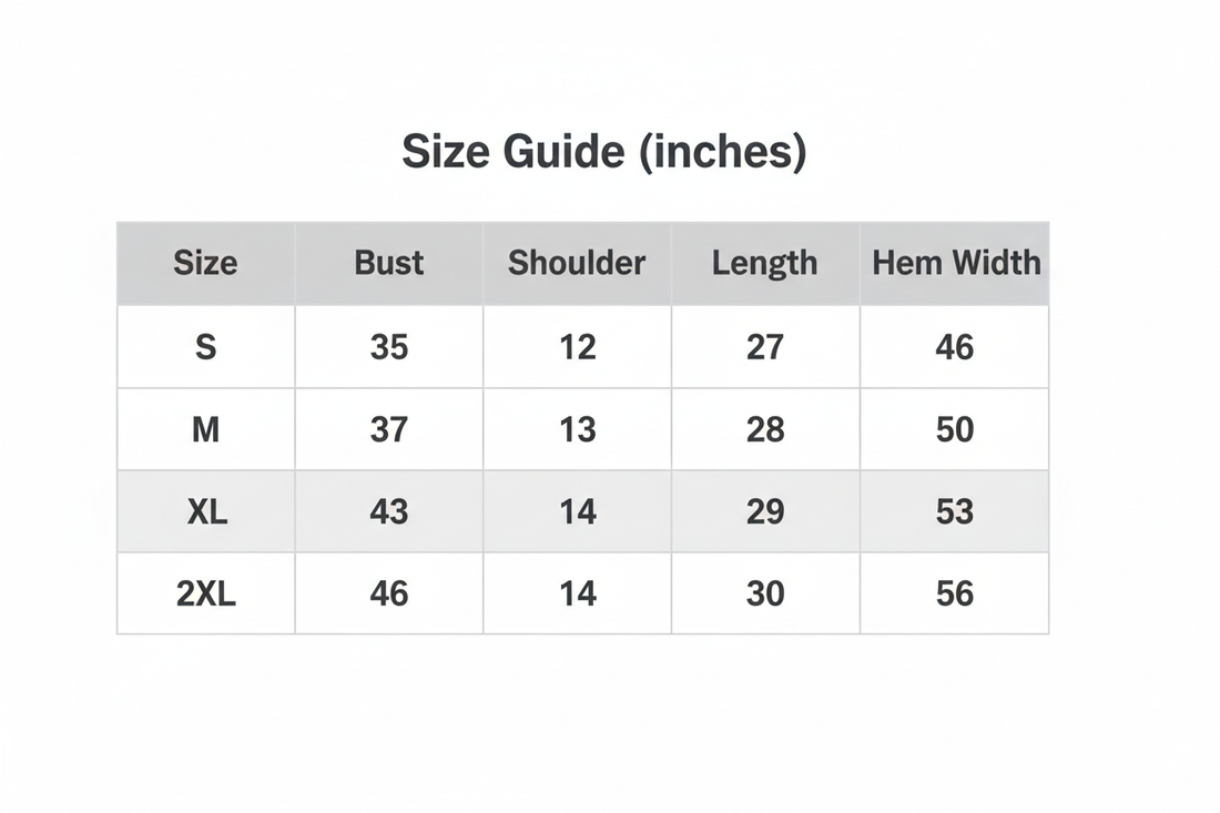 Size guide table showing bust, shoulder, length, and hem width measurements