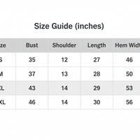 Size guide table showing bust, shoulder, length, and hem width measurements