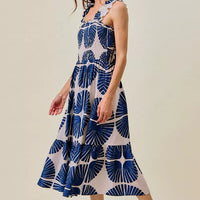 Navy abstract print tiered midi dress with smocked bodice and tiered skirt tiers