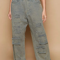 Distressed wide-leg denim pants, raw hem, cargo patch pockets