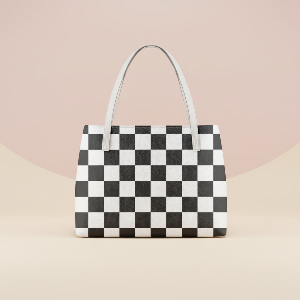 Checkered Tote Bag | Black and White PU Leather Waterproof Shoulder Bag