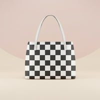 Checkered Tote Bag | Black and White PU Leather Waterproof Shoulder Bag