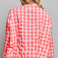 Pink gingham embroidered blouse, back view with gathered shoulders and seams