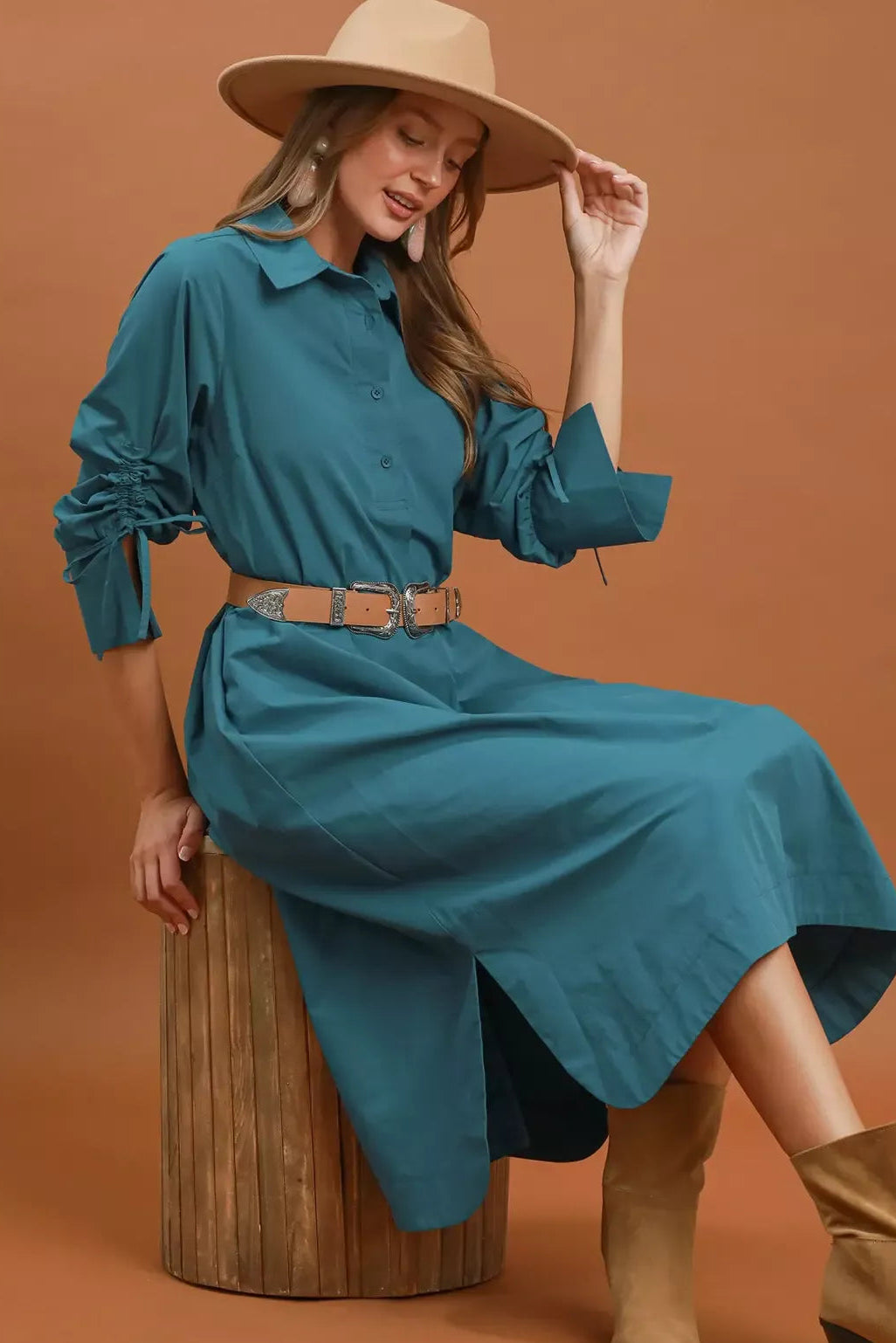 Teal collared button-front midi dress with ruched sleeve detail and midi length