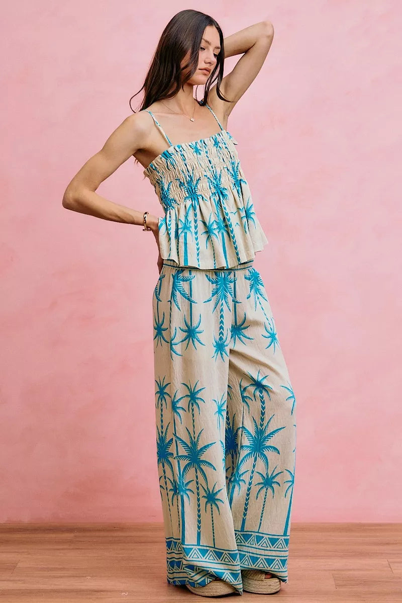 Blue palm tree print smocked bodice adjustable cami top with tiered ruffle front
