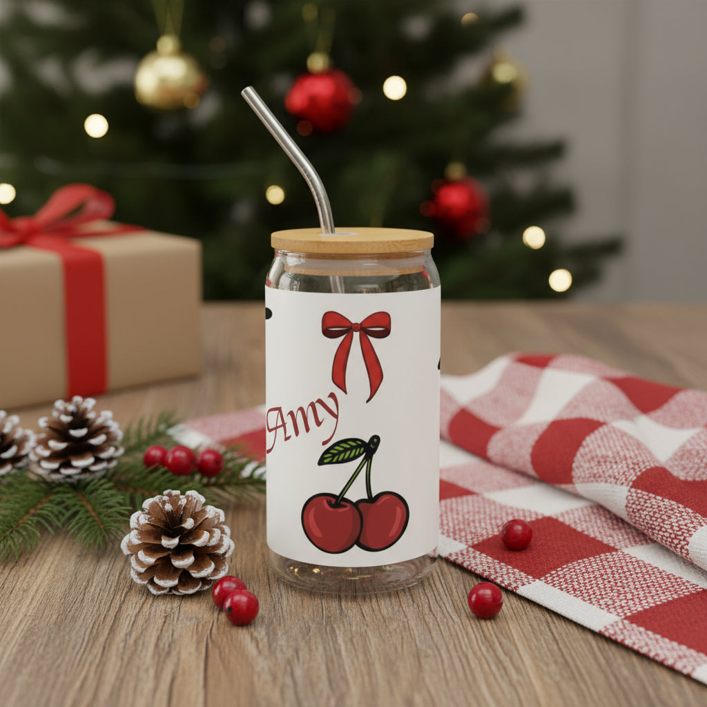 Clear Cups with Straw | Personalized White Cherry & Red Bow Glass Tumbler