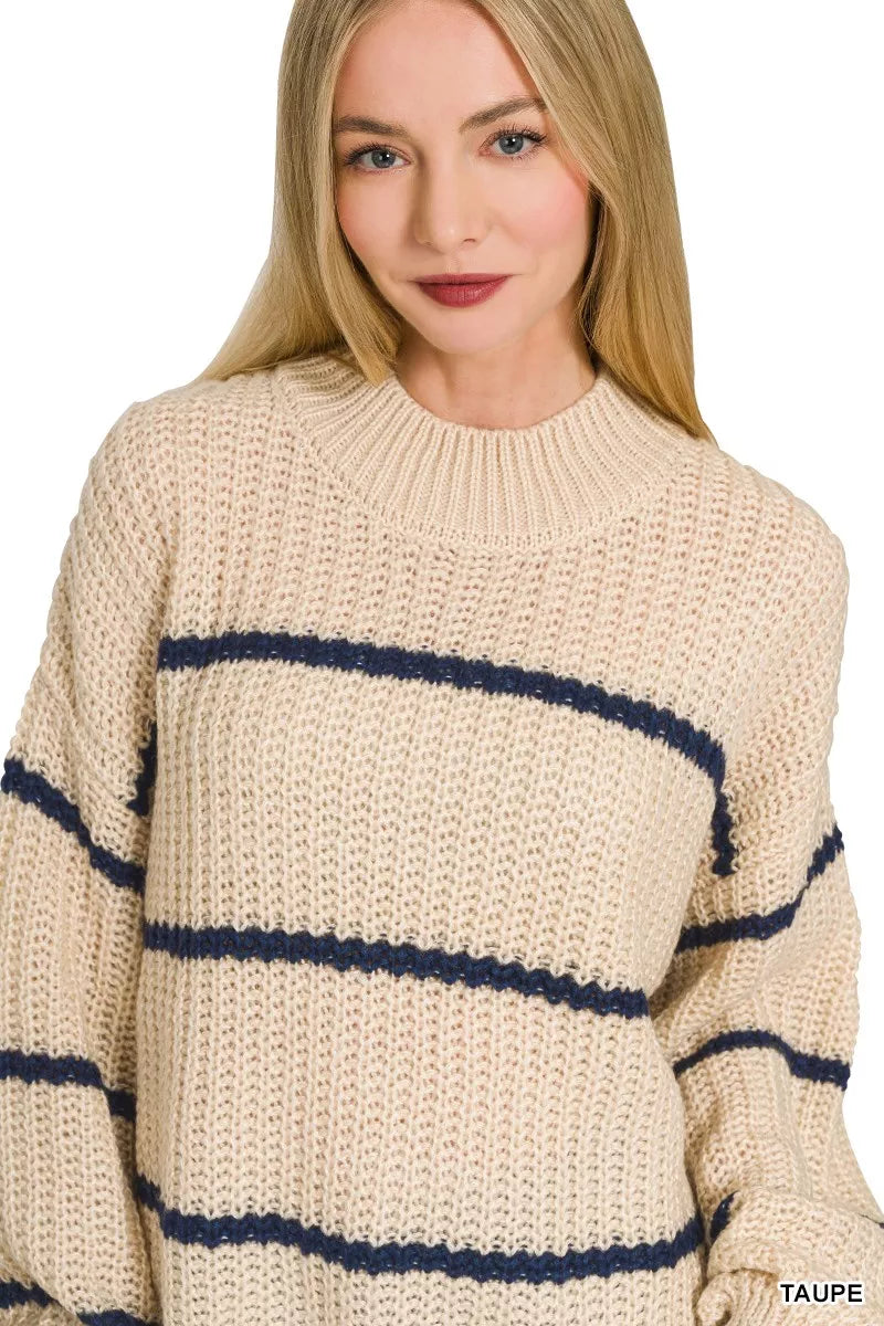 Taupe oversize striped sweater with navy horizontal stripes and ribbed crew neckline