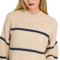 Taupe oversize striped sweater with navy horizontal stripes and ribbed crew neckline
