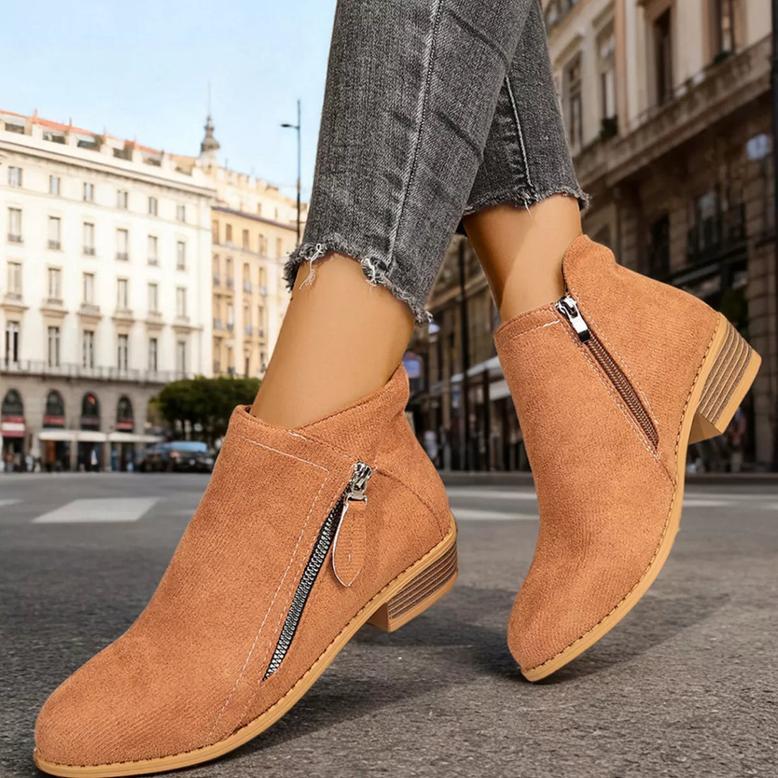 Brown suede point-toe block heel ankle boots with side zipper