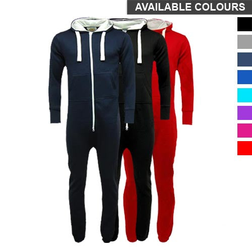 Unisex hooded onesies in navy, black and red with front zips and pockets
