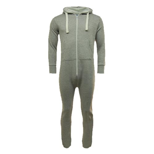 Light grey unisex onesie with lined hood, front zip, drawstrings and pockets