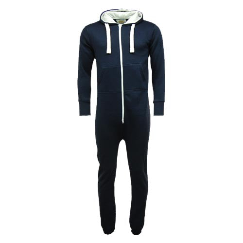 Navy unisex onesie with lined hood, front zip, drawstrings and pockets