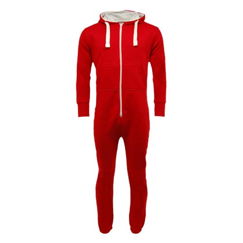 Red unisex onesie with lined hood, front zip, drawstrings and pockets