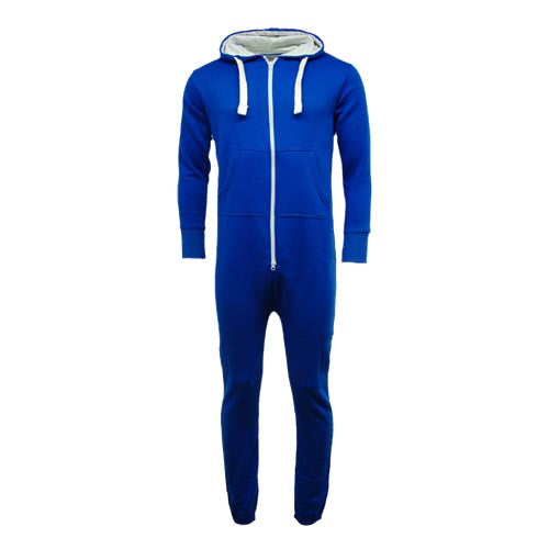 Royal blue unisex onesie with lined hood, front zip, drawstrings and pockets