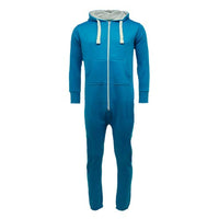 Turquoise unisex onesie with lined hood, front zip, drawstrings and pockets