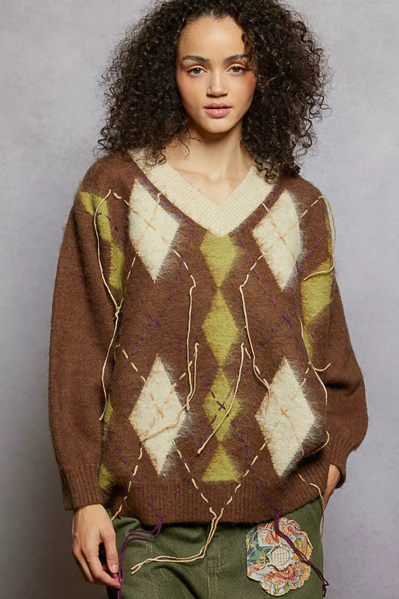 Mocha V-neck argyle mohair sweater with long sleeves, diamond motifs, and visible contrast stitching