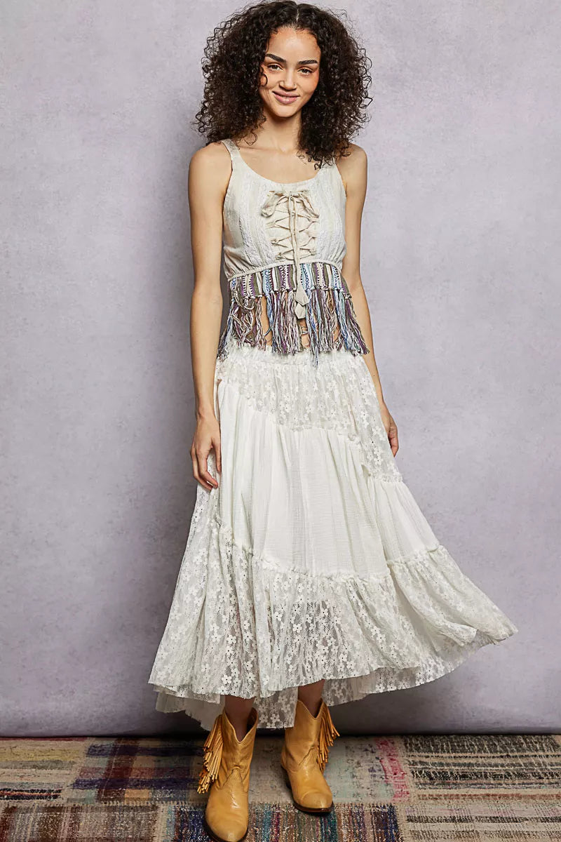Natural lace-up tank with tiered lace hem and multicolor fringe waistband