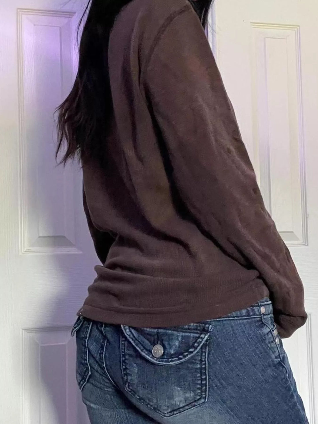Dark brown long sleeve t-shirt, side view with no graphic visible