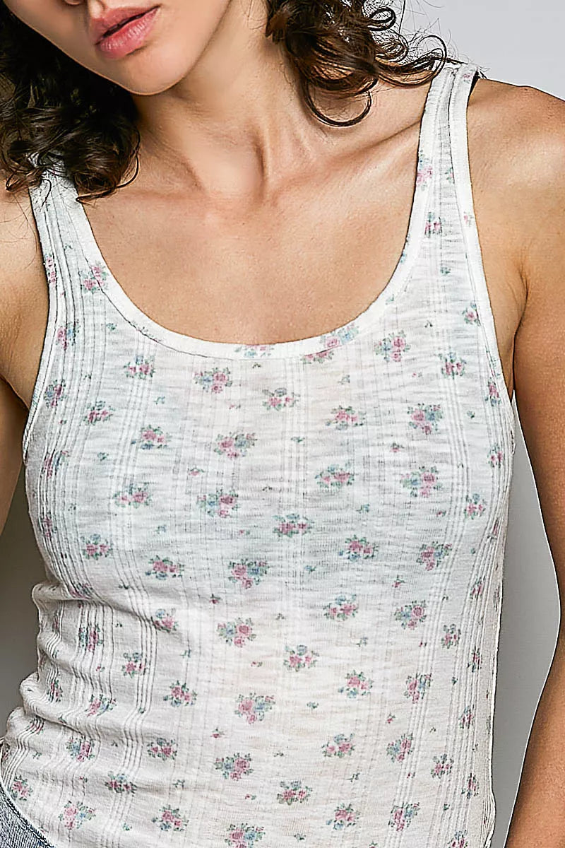 Ivory floral ribbed tank top close-up, scoop neck and small dotted floral pattern