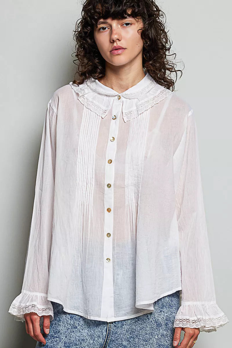 Ivory woven button-down shirt with pintuck placket and lace-trim cuffs