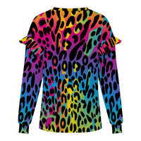 Multi Coloured Leopard Print Women's Ruffled Shoulder Top