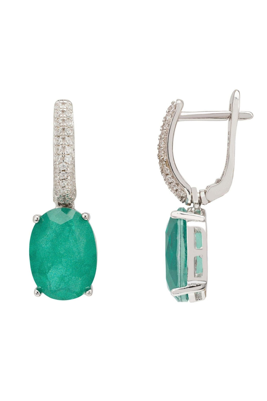 Silver hinged drop earrings with emerald-green oval stone and pave accents