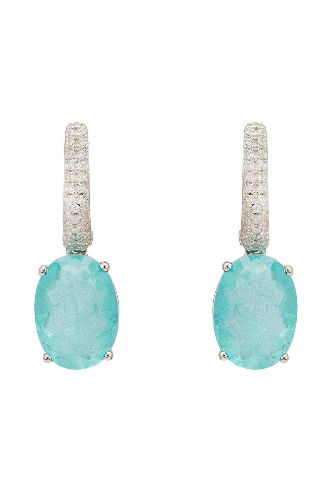 Oval drop earrings with silver pavé tops and aqua gemstone drops