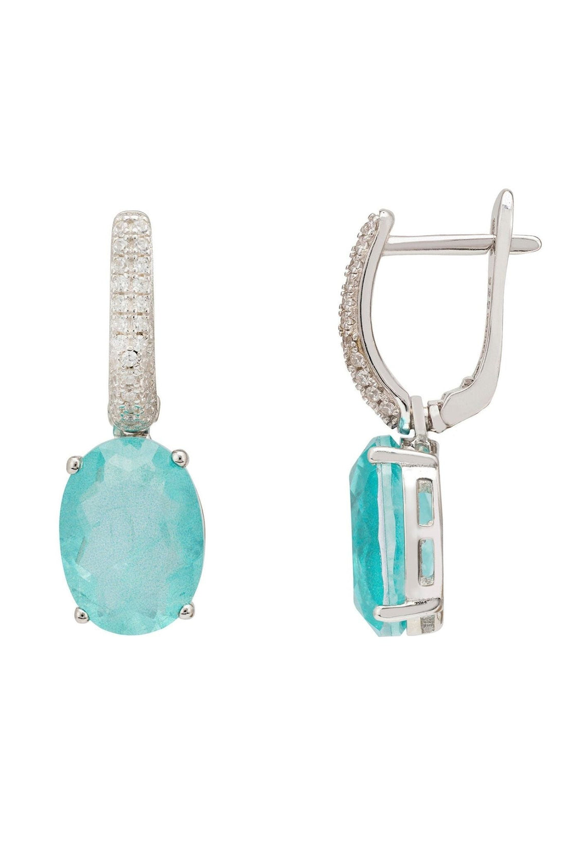 Silver oval drop earrings with paraiba tourmaline and pavé accents, front and side view