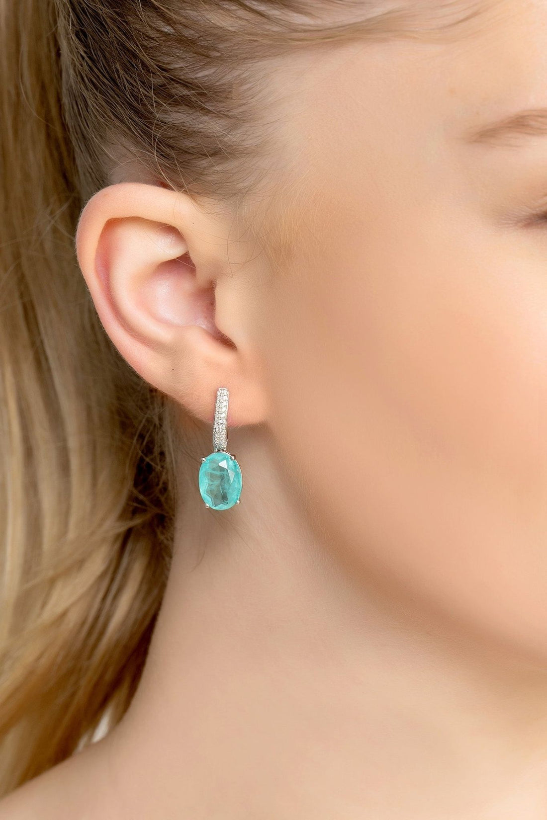 Silver oval drop earrings with paraiba tourmaline stone