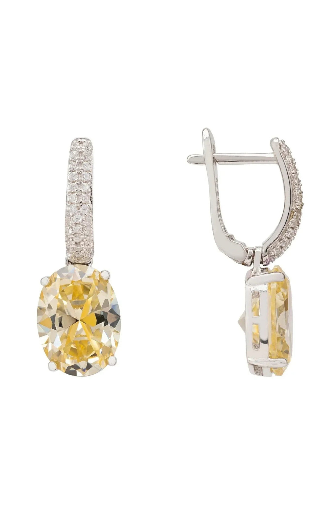 Silver oval drop earrings with yellow topaz and hinged back view
