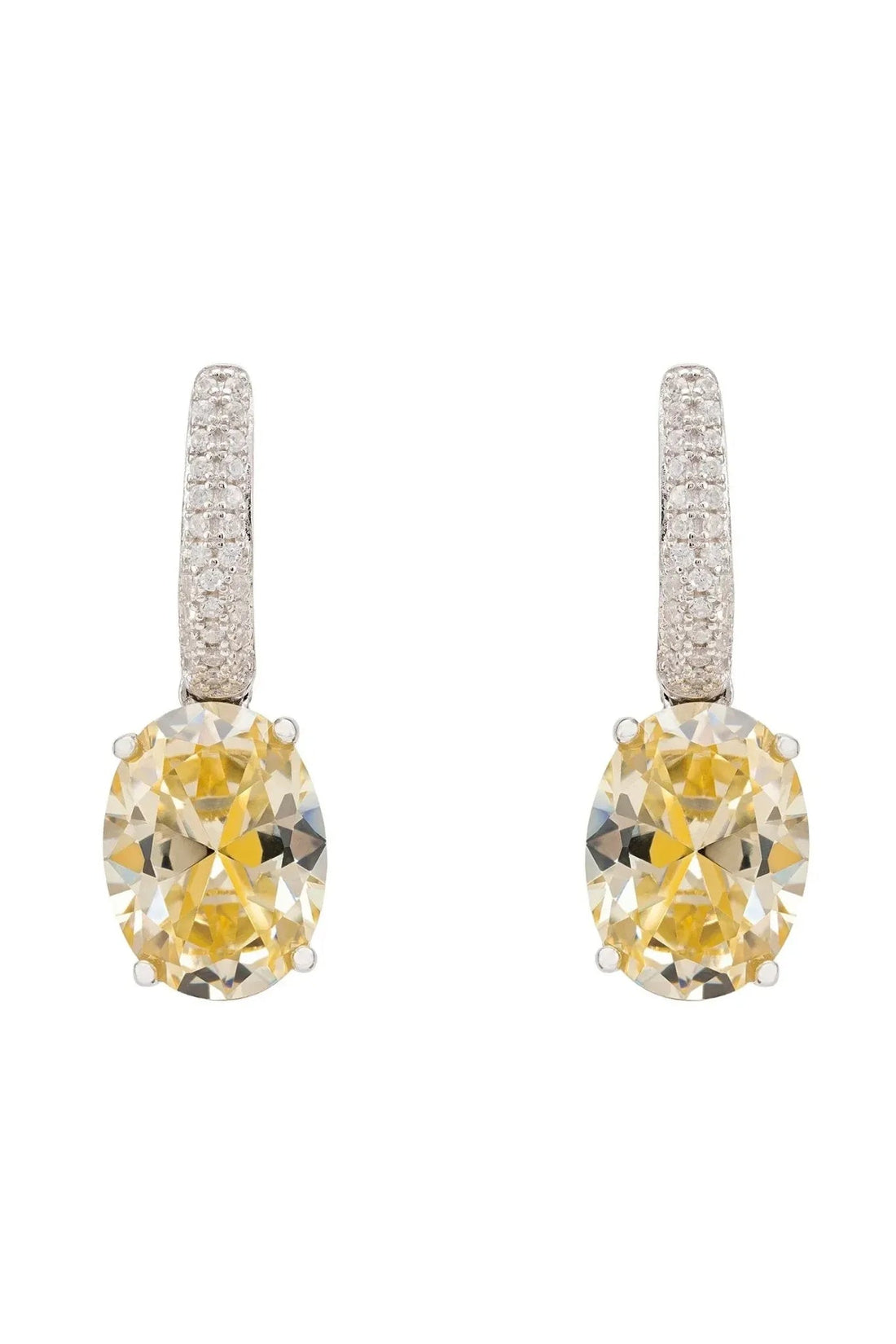 Silver oval drop earrings with yellow topaz and sparkling pave details