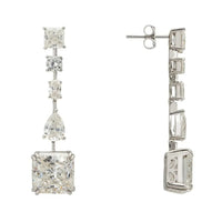 Silver moissanite drop earrings with square and oval stones, side view