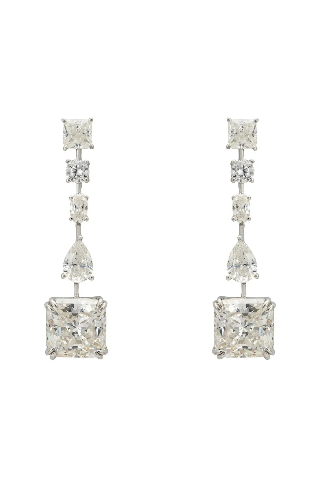Silver moissanite drop earrings with three stacked sparkle drops and square center stone