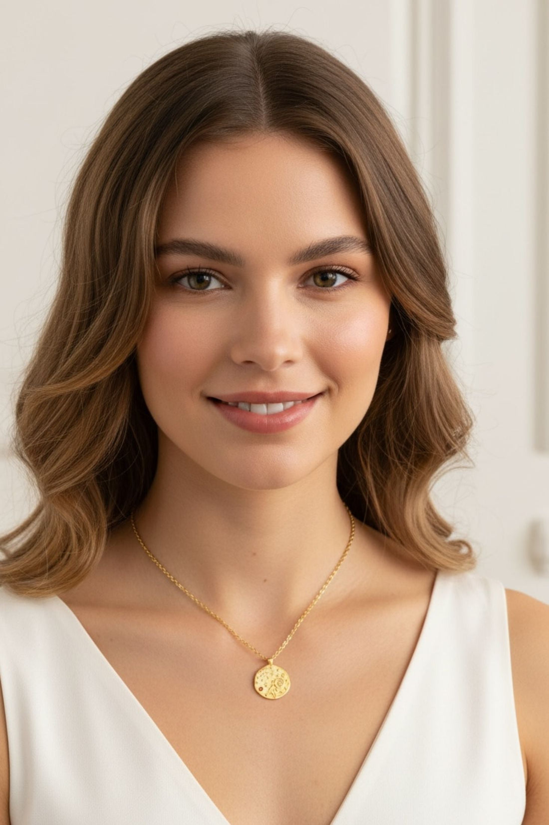 Gold-tone chain necklace with round pendant worn by model
