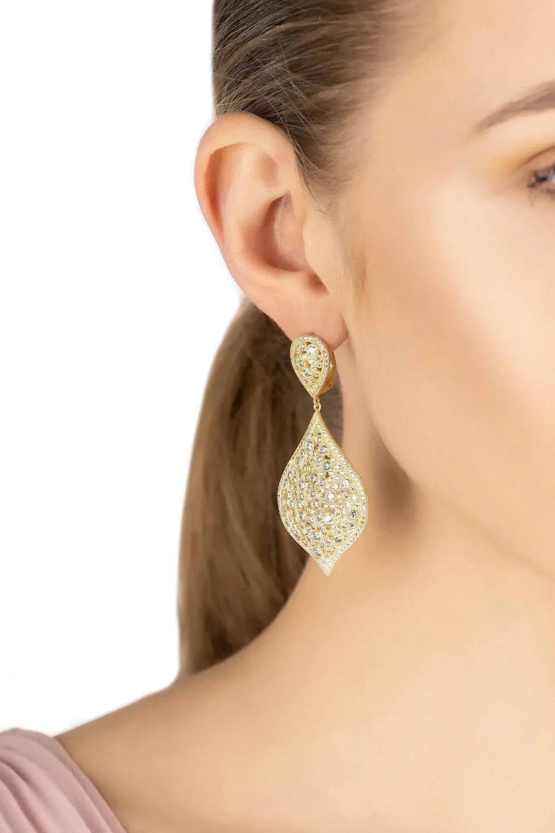 Gold teardrop earrings with pavé stones