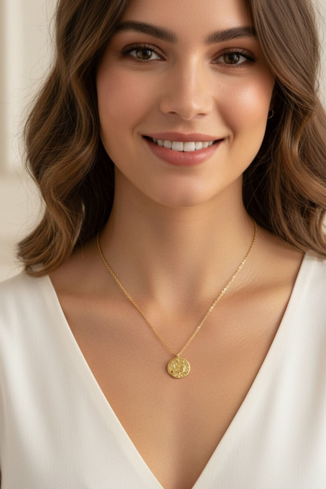 Gold zodiac pendant necklace with round Aries medallion charm on fine chain