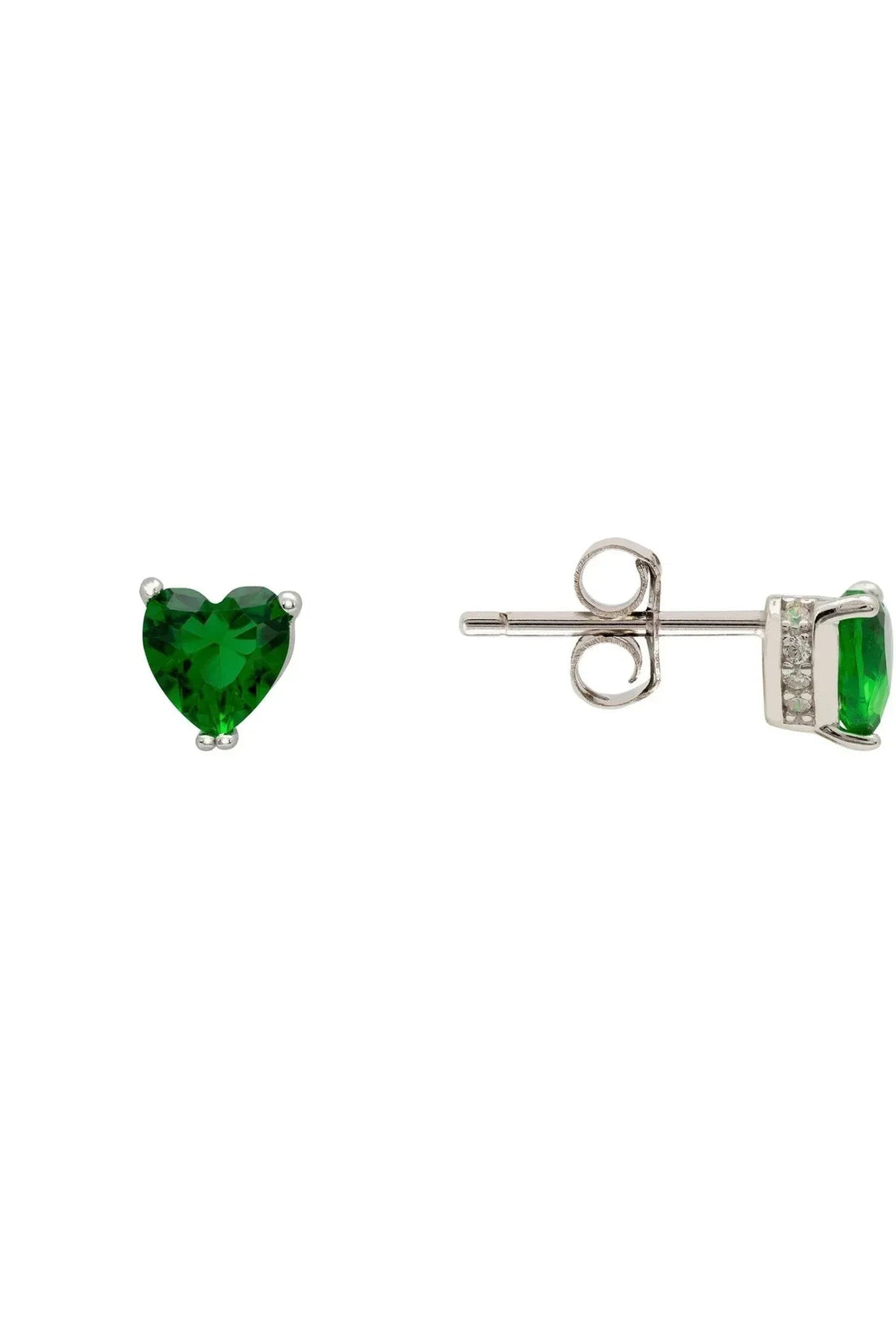 Silver stud earrings with faceted emerald-green heart and clear stone accents